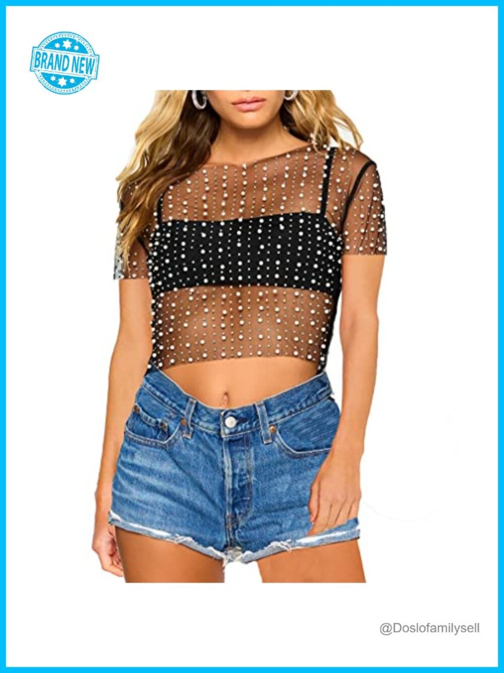 LOFAAC Women Sexy Pearl Rhinestone Beaded Sheer Mesh Crop Tee Shirt Slim Fit
